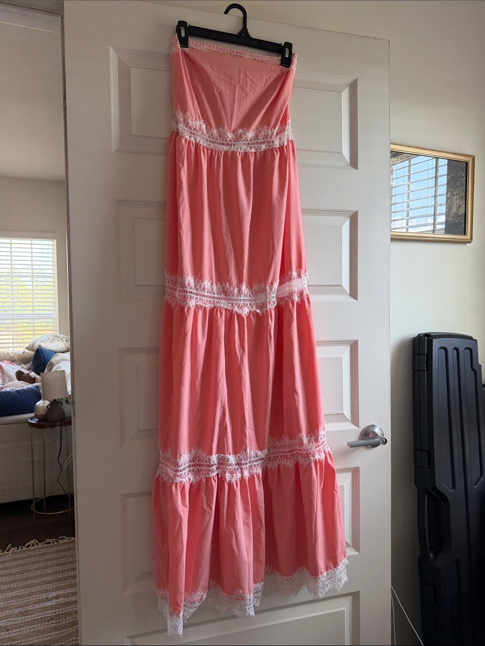 Women Coral Strapless Tiered Maxi Dress with White Lace Trim